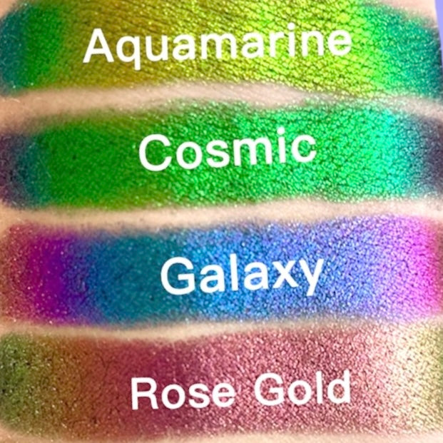 aquamarine cosmic galaxy rose gold 4 multichrome color changing eyeshadow swatches - Ashley Mateo Beauty