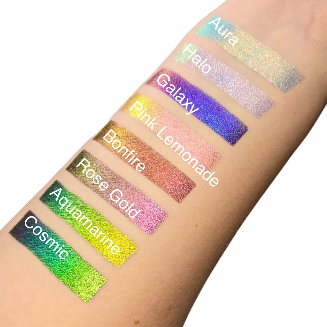 8 multichrome color-changing eyeshadows aura, halo, galaxy, pink lemonade, bonfire, rose gold, aquamarine, and cosmic - Ashley Mateo Beauty