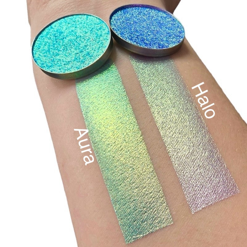 halo aura two multichrome color changing eyeshadow blue yellow light blue purple pink - Ashley Mateo Beauty